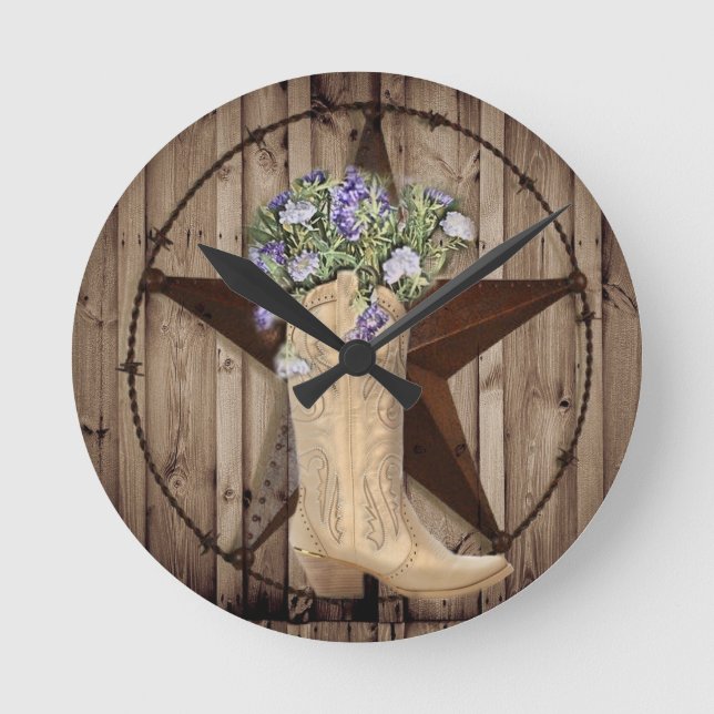 Chic Wildflower Texas Star Western country cowgirl Round Clock (Front)