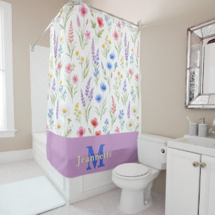 Chic Wildflower Watercolor Floral Monogram Name Shower Curtain