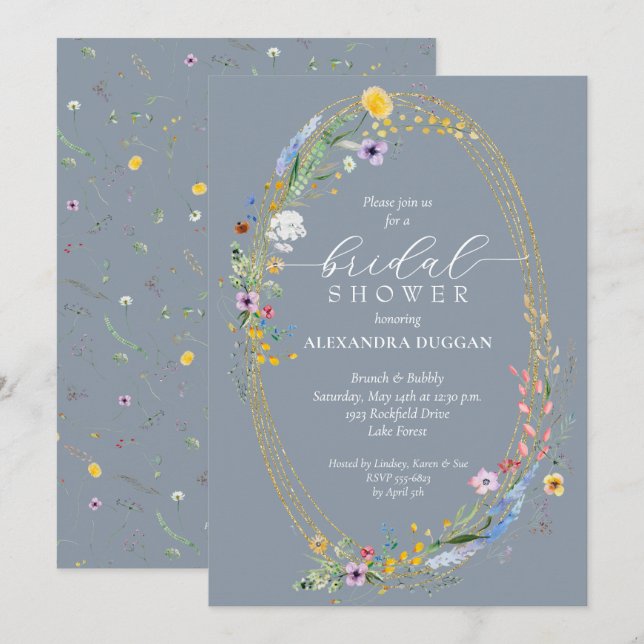 Chic Wildflower Wreath Dusty Blue Bridal Shower Invitation (Front/Back)