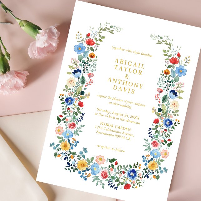 Chic Wildflower Wreath Gold Script Garden Wedding Invitation (Creator Uploaded)