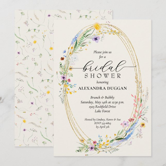 Chic Wildflower Wreath Ivory Bridal Shower Invitation (Front/Back)