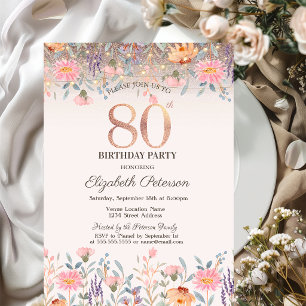 Chic Wildflowers Glitter String Lights 80th  Invitation