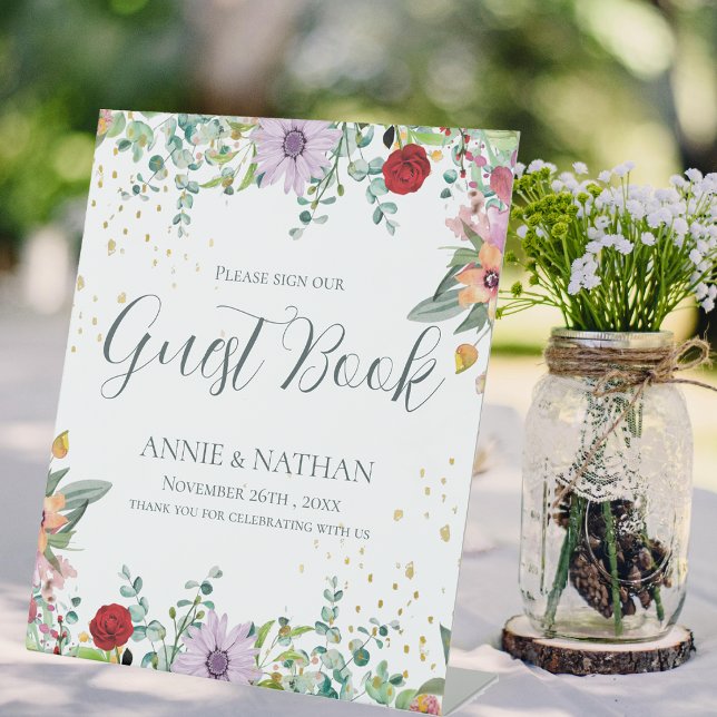 Chic Wildflowers Guest Book Wedding Day Floral Pedestal Sign (Chic Wildflowers Guest Book Wedding Day Floral Pedestal Sign)
