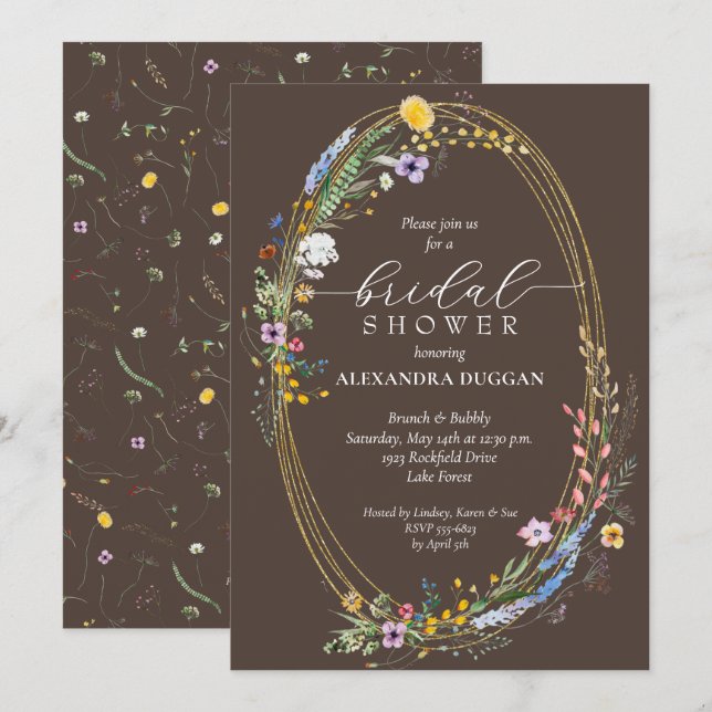 Chic Wildflowers on Brown Bridal Shower Invitation (Front/Back)