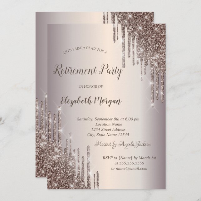 Chic Wine Glass Glitter Drops Retirement   Invitation (Front/Back)