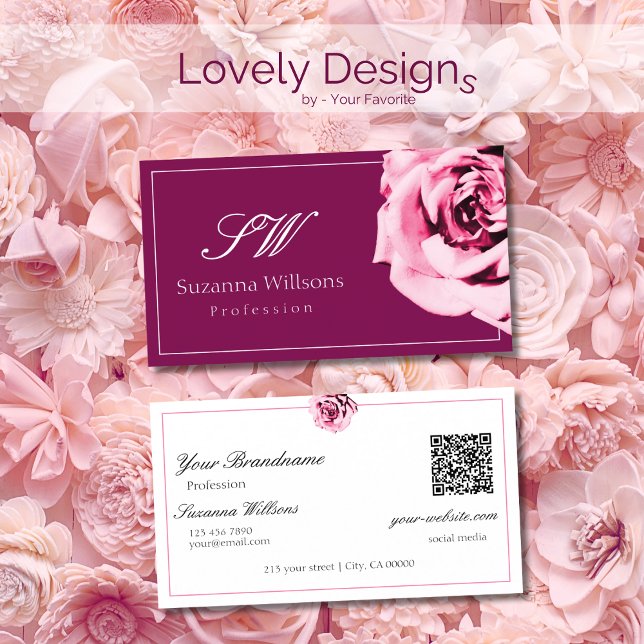 Chic Wine Red and White Pink Rose Initials QR Code Business Card (Creator Uploaded)