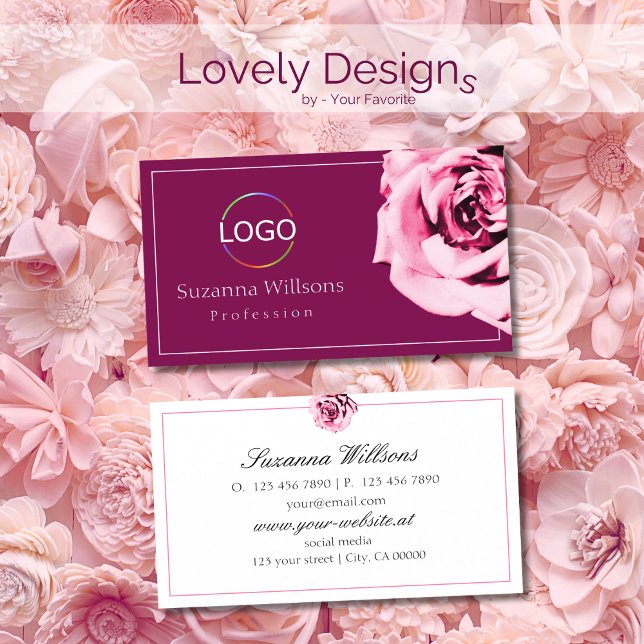 Chic Wine Red and White Pink Rose with Logo Simple Business Card (Creator Uploaded)