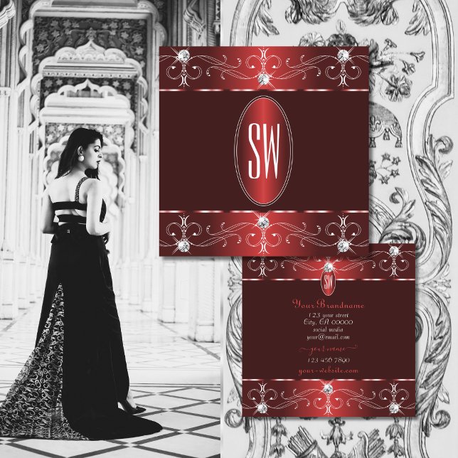 Chic Wine Red Burgundy Ornate Ornaments Monogram Square Business Card (Creator Uploaded)