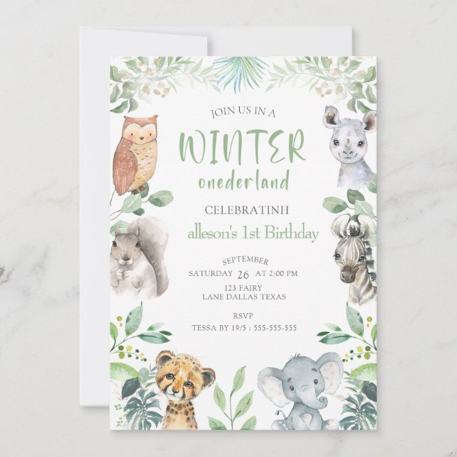 Chic Winter  Animals Onederland 1st Birthday  Invitation (Front)