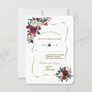 Chic Winter Burgundy Floral Pine Gold Wedding RSVP