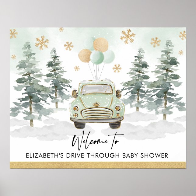 Chic Winter Holiday Drive Thru Baby Shower Parade Poster (Front)