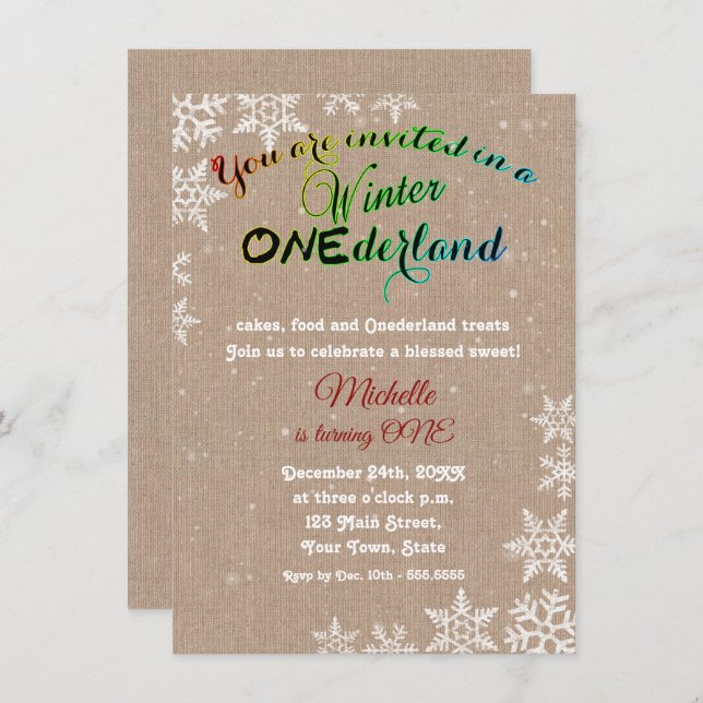 Chic Winter Onederland Girl First Birthday Party Invitation (Front/Back)
