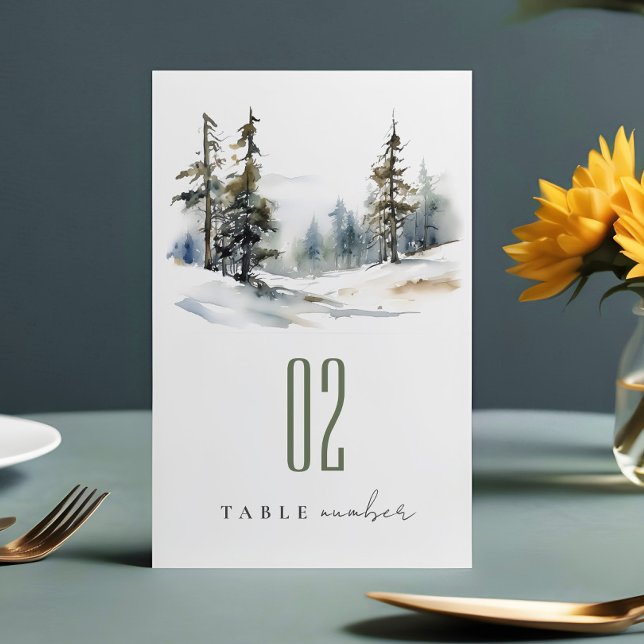 Chic Winter Pine Trees Snow Landscape Wedding Table Number (Creator Uploaded)
