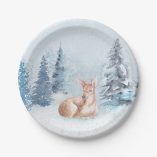 Chic Winter Watercolor Deer in Forest Paper Plate