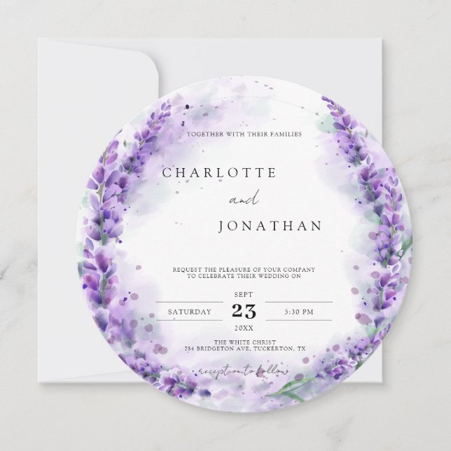 Chic Wisteria Lilac Floral Wreath Unique Wedding Invitation (Front)