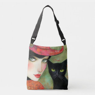 Chic Woman and Black Cat  Crossbody Bag