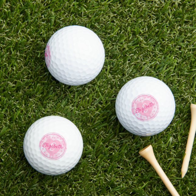Chic Women's Pink Heart Name and Initial Monogram Golf Balls (Insitu Grass)