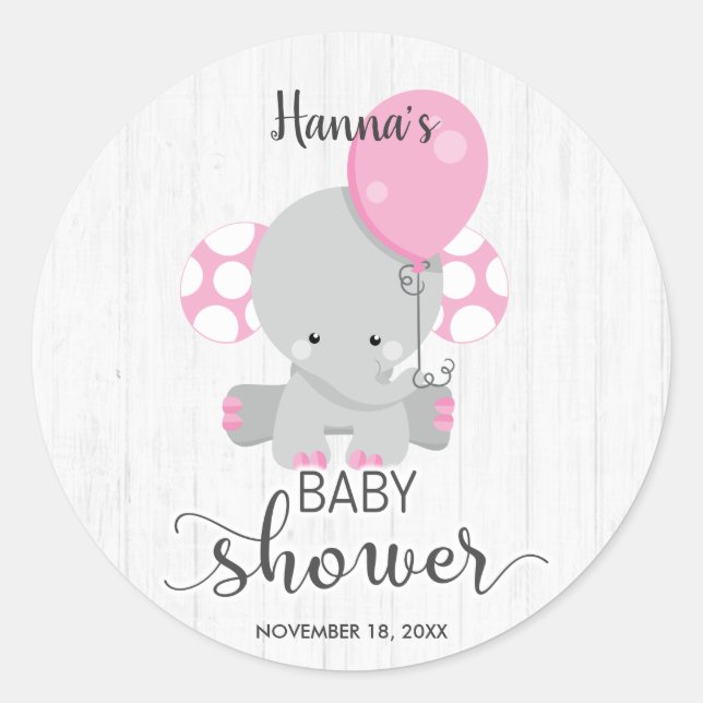 Chic Wood Pink Elephant Girl Baby Shower Classic Round Sticker (Front)