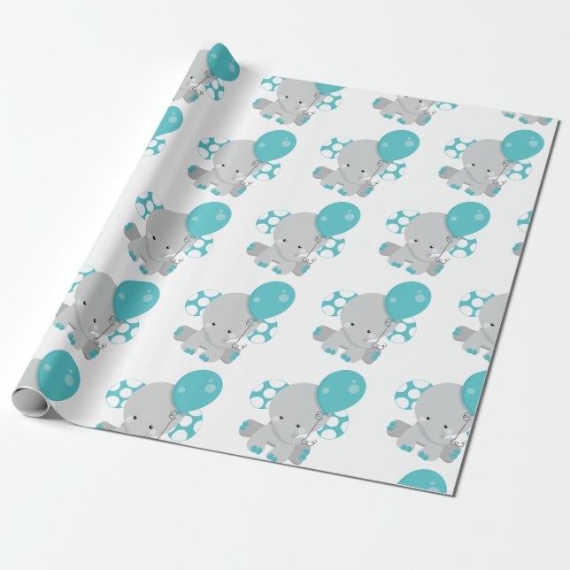 Chic Wood Teal Elephant Gender Neutral baby Wrapping Paper (Unrolled)