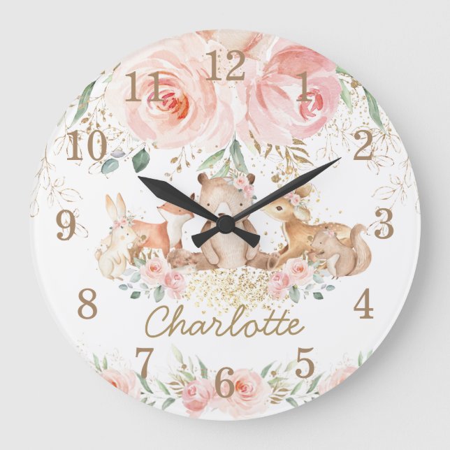 Chic Woodland Animals Blush Floral Girl Bedroom Large Clock (Front)