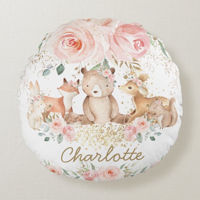 Chic Woodland Animals Blush Floral Girl Bedroom  Round Cushion (Front)