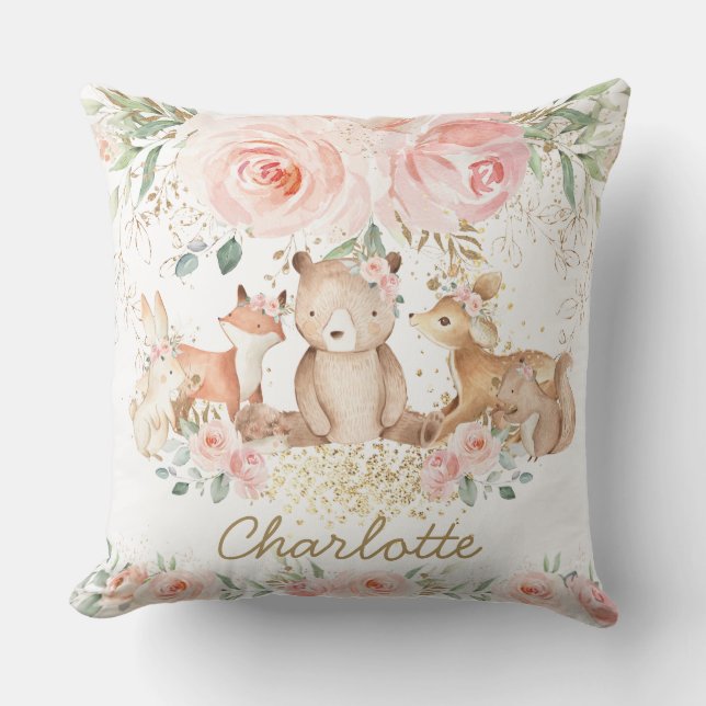 Chic Woodland Animals Blush Floral New Baby Girl Cushion (Front)