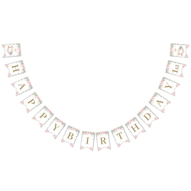 Chic Woodland Animals Blush Pink Floral Birthday Bunting (All)