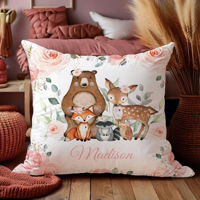 Chic Woodland Animals Blush Pink Floral Nursery  Cushion (Creator Uploaded)