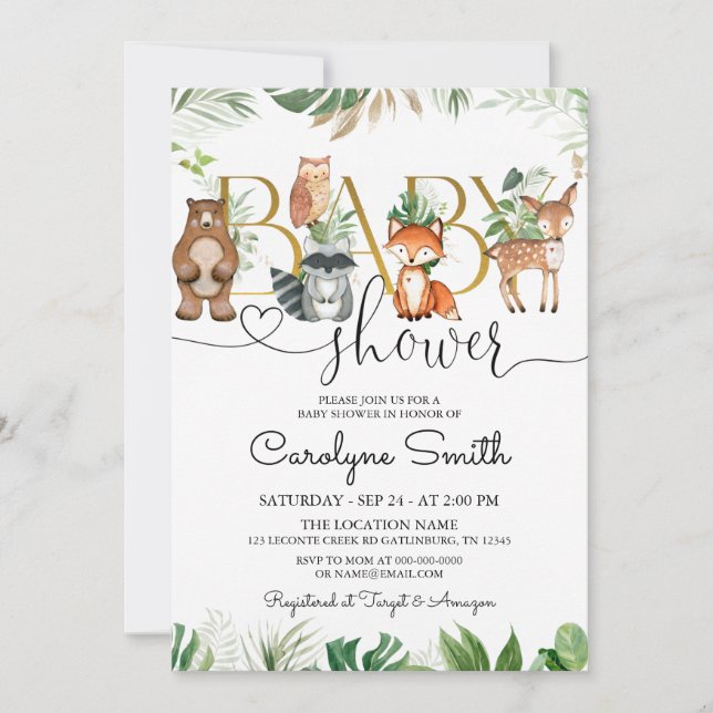 Chic Woodland Animals Greenery Baby Shower Invitation (Front)