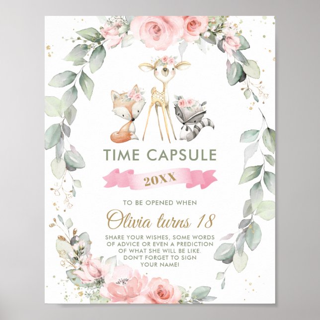 Chic Woodland Animals Greenery Floral Time Capsule Poster (Front)