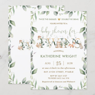 Chic Woodland Animals Greenery Twins Baby Shower Invitation