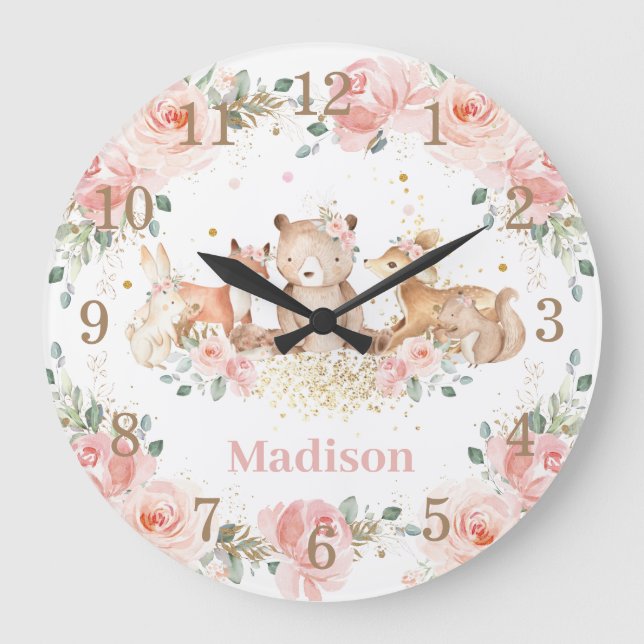 Chic Woodland Animals Pastel Blush Floral Gold     Large Clock (Front)