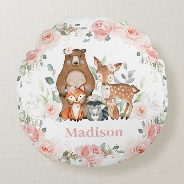 Chic Woodland Animals Pastel Blush Floral Gold   Round Cushion (Front)