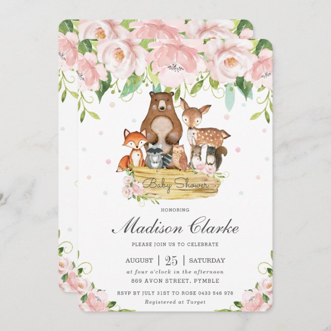 Chic Woodland Animals Pink Floral Baby Shower Invitation (Front/Back)