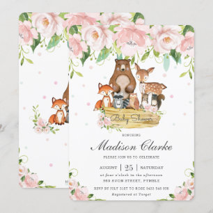 Chic Woodland Animals Pink Floral Baby Shower Invitation