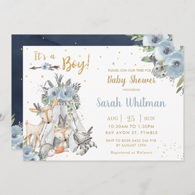 Chic Woodland Animals Tribal Boho Boy Baby Shower Invitation (Front/Back)