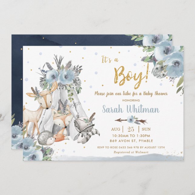 Chic Woodland Animals Tribal Boho Boy Baby Shower Invitation (Front/Back)