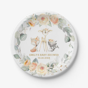 Chic Woodland Animals Yellow Floral Baby Shower Paper Plate