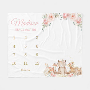 Chic Woodland Blush Pink Floral Monthly Milestone  Fleece Blanket