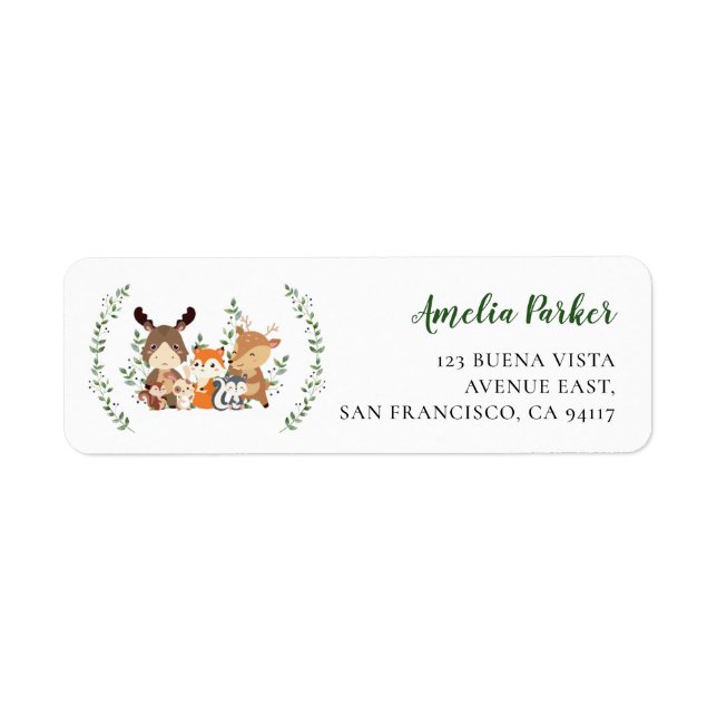 Chic Woodland Green Forest Animals Return Address  Label (Front)