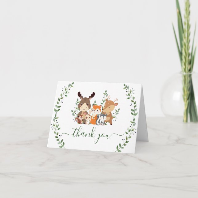 Chic Woodland Greenery Forest Animals Thank You Card (Front)