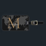 Chic World Traveller Map Black Gold Monogram Scrip Luggage Tag<br><div class="desc">Elegant Black Gold Monogram Script Name Stylish Bag Tag</div>