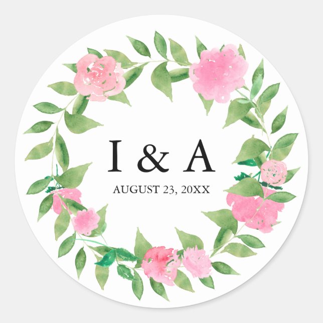 Chic Wreath with Monogram and Wedding Date Classic Round Sticker (Front)
