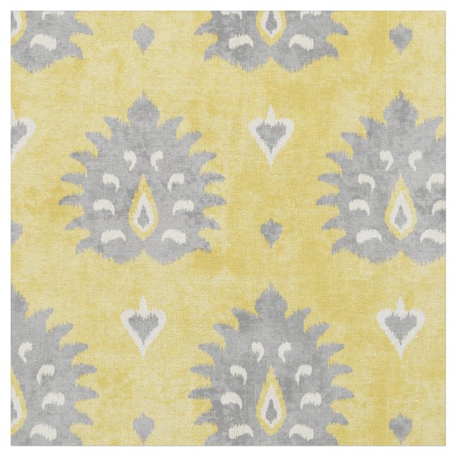 Chic yellow and grey damask ikat tribal pattern fabric (Close Up)