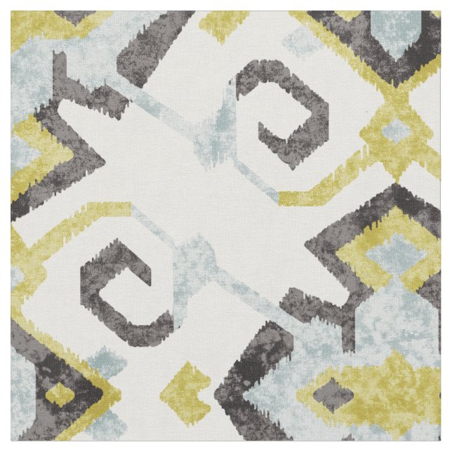 Chic yellow and grey ikat tribal pattern fabric (Close Up)
