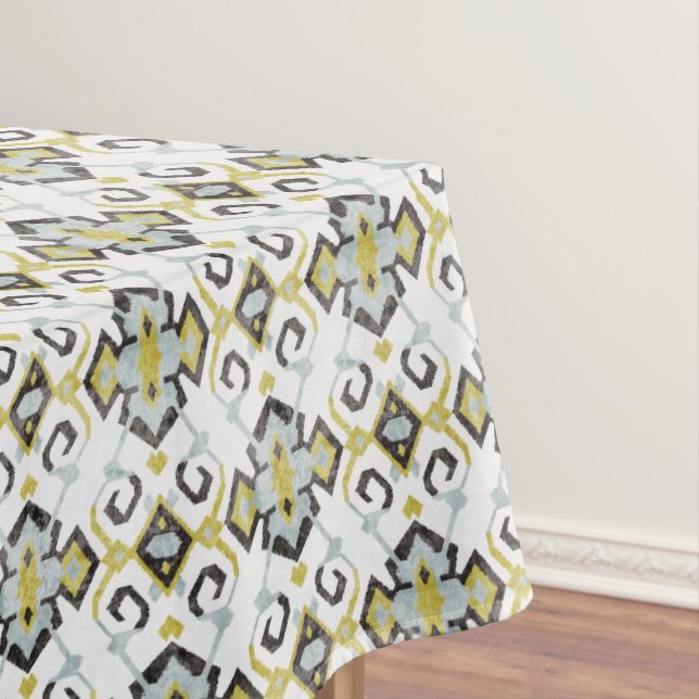 Chic yellow and grey ikat tribal pattern tablecloth (In Situ)