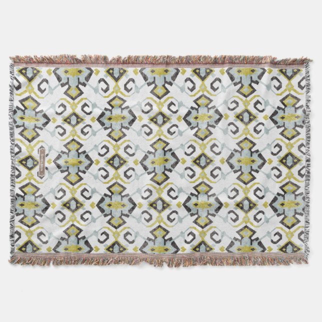 Chic yellow and grey ikat tribal pattern throw blanket (Front)