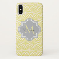 Chic Yellow Art Deco Scallops Grey Monogram Name