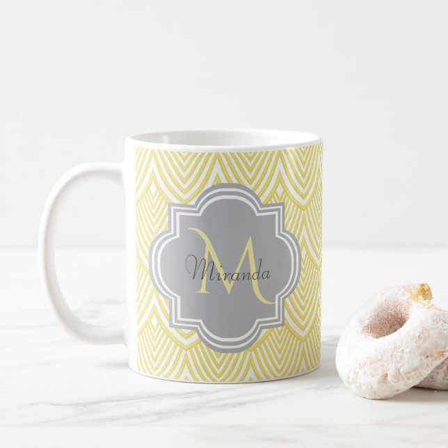 Chic Yellow Art Deco Scallops Grey Monogram Name Coffee Mug (With Donut)