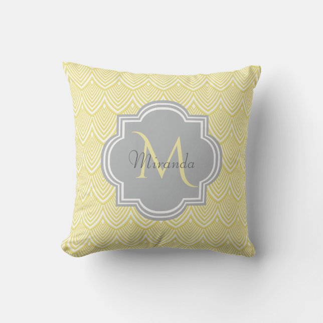 Chic Yellow Art Deco Scallops Grey  Monogram Name Cushion (Front)